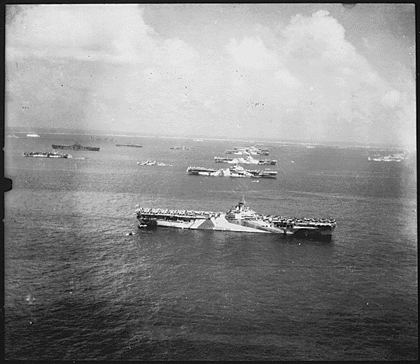 U.S. Navy Aircraft carriers at sea off the coast of Ulithi