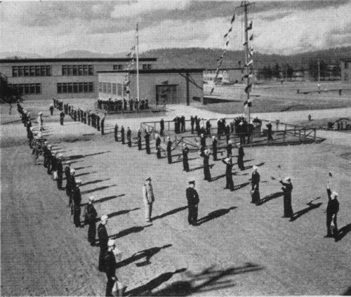 Sailors line up in formation at Farragut Naval Training Center in Idaho